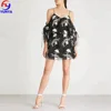 China supplier lady floral print cold shoulder chiffon mini dress