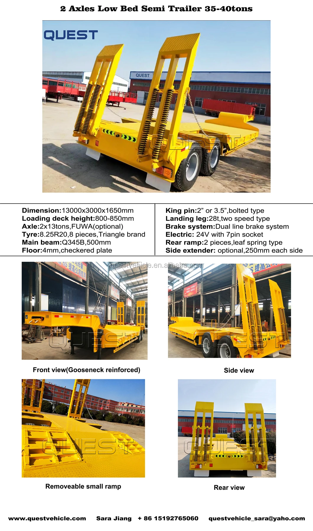 2 Axles 30 Tons Heavy Duty Machinery Transport low bed chasis low flatbed semi trailer.jpg