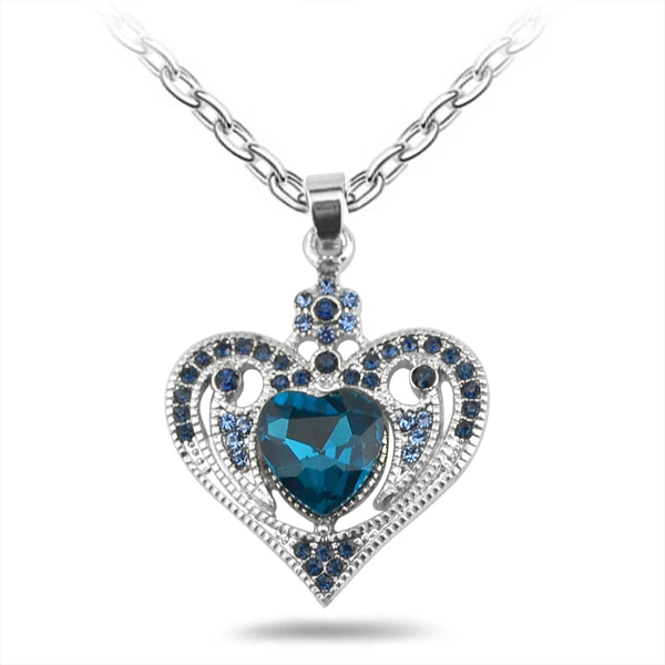 blue crystal necklace for wedding ,heart pendant silver