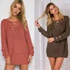 Women's Front Lace Up V Neck Pullover outwear Long Sleeve Knit Long Sweater Tops