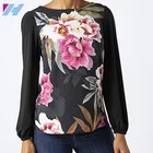 Scoop Neck Long Sleeve Curved Hem Graphic Cutout Tunic Digital Printed Ladies Long Top