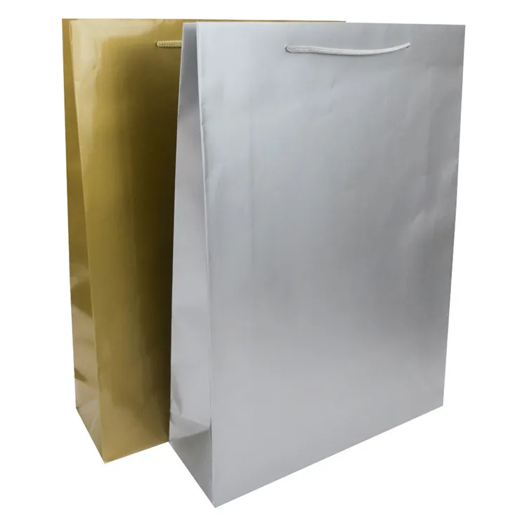 2019 High quality dumb bright film gold silver kraft paper bag with handle wholesale
