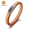 Wholesale Cheap Price Soft Genuine Leather Retro Stainless Steel Magnetic Clasp Bracelet Jewelry