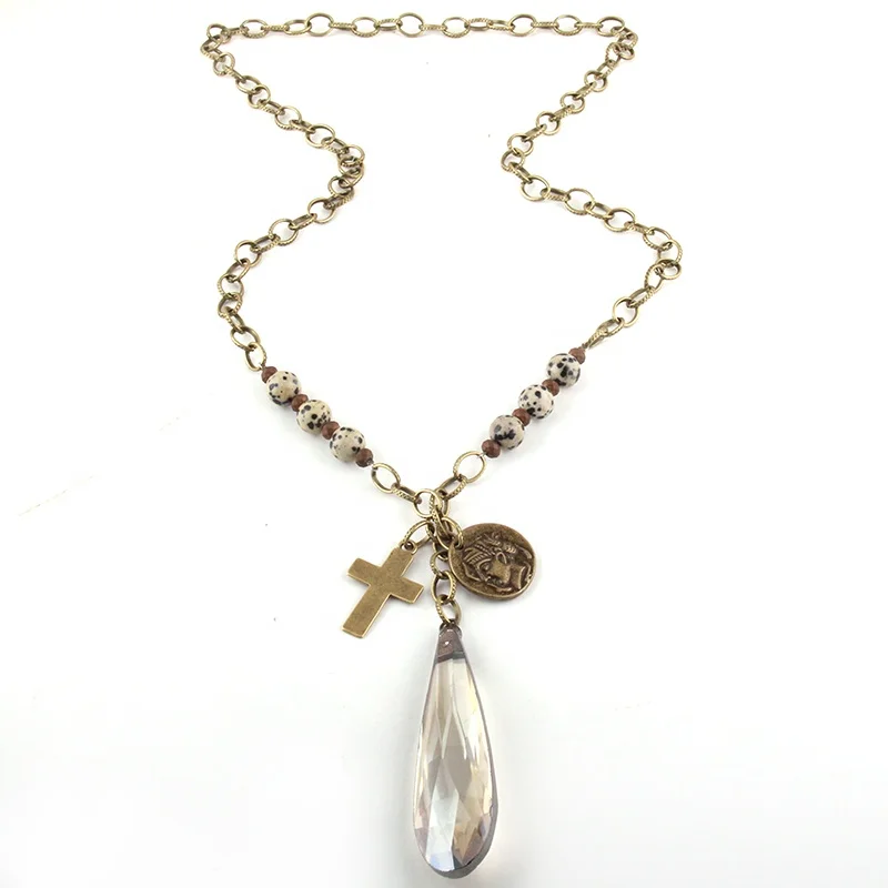 Women Statement Lady Summer Necklace Crystal Drop Pendant Natural Dalmatian Stone necklace Bronze Chain Cross Necklace
Women Statement Lady Summer Necklace Crystal Drop Pendant Natural Dalmatian Stone necklace Bronze Chain Cross Necklace