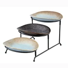 Elegant 3 Plates Dish Rack Set , Reactive Glaze Ceramic Food 3-Tier Serving Bowls Set With Black Metal Stand