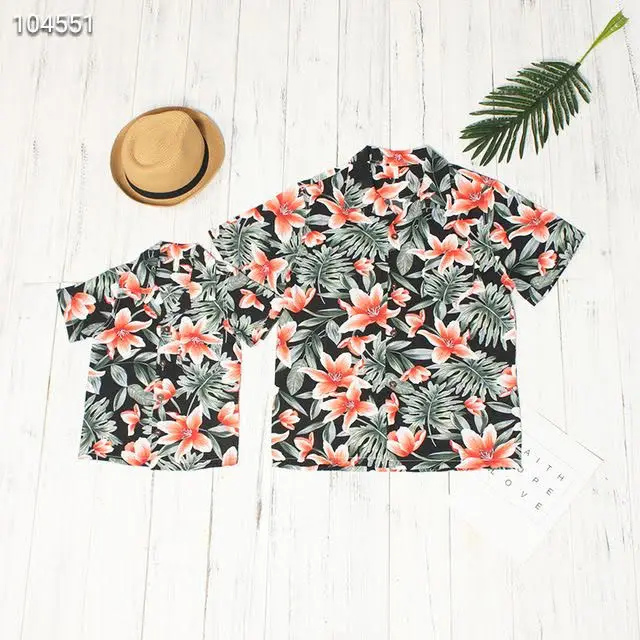 

019 Europe and the United States Amazon new summer parent-child clothing father and son Hawaiian shirt Aloha flowers fashion men