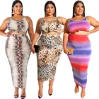 Plus Size Maxi Woman Dress Leopard High Waist Skirt Package Hip Two Piece Outfion Bodycon