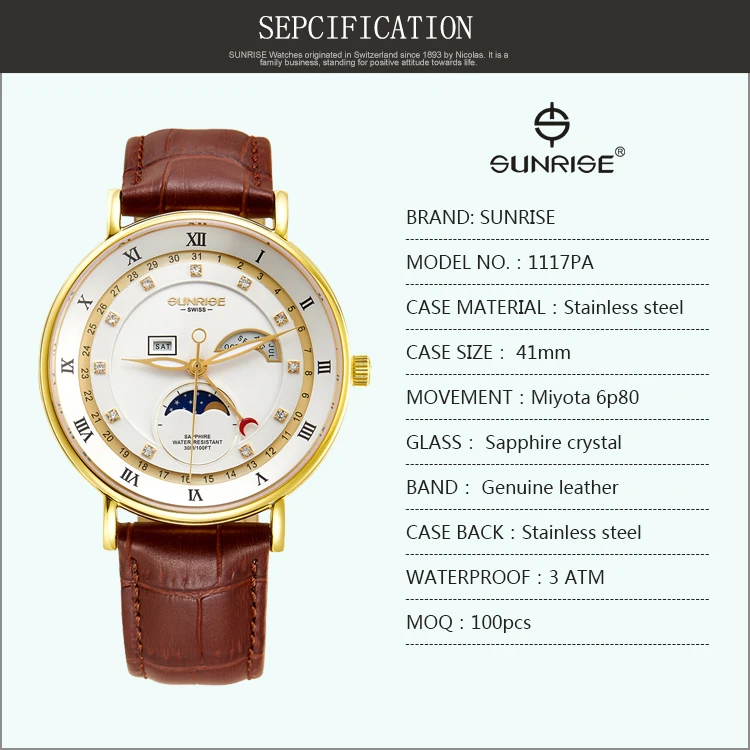 hot sale genuine leather strap moonphase watch movement