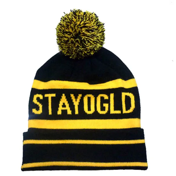 Пользовательские зимняя шапка теплые черные и желтая полосатая шапочка с верхнего шарика