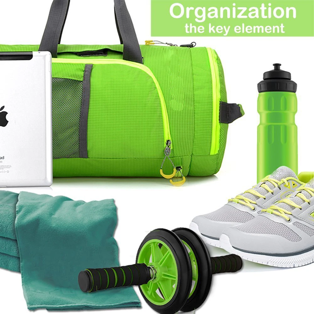 gym bag folds completely up into its own compact zippered pouch