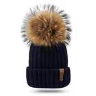 Kids Winter Pom Beanie Hat Unisex Parent And Child Knit Hats for Women 80% Acrylic 20% Real Raccoon Fur Pom Winter Hat