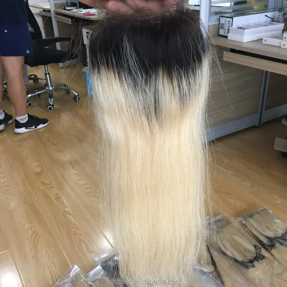middle parting blond ombre lace closure with dark roots straight
