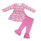 Hot sale girls clothes set wholesale pink floral ruffle baby clothing set with long sleeve
