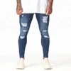 OEM custom high men skinny jeans in dark blue ripped and repaired with an embroidered logo jeans