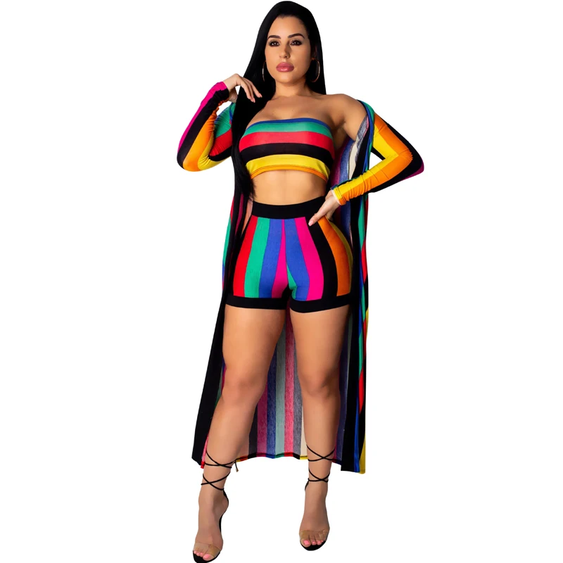 Vintage Colorful Striped Print Sexy 3 Piece Set Women Sleeveless Tube Top + Summer High Waist Beach Shorts and Long cardigan
Vintage Colorful Striped Print Sexy 3 Piece Set Women Sleeveless Tube Top + Summer High Waist Beach Shorts and Long cardigan