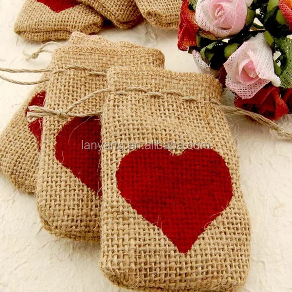 hessian burlap bag with crochet lace drawstring rustic wedding