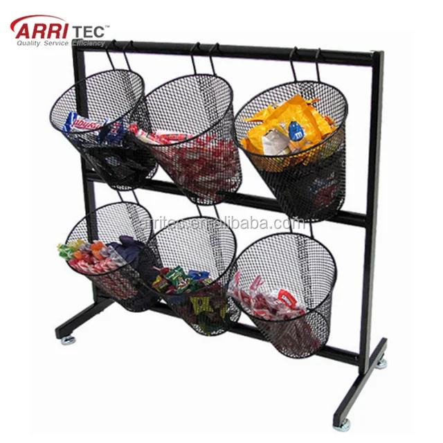 retail shop snack mesh basket hanging hook wire counter display