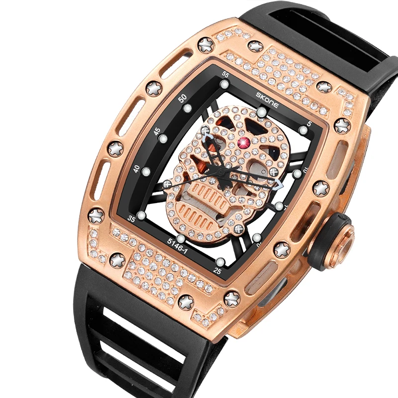 

2019 New SKONE Mens Person Cranial head Watches Rectangle Dial Skull Face Men Watches Wrist Watches 3D Scrub Dial Genuine