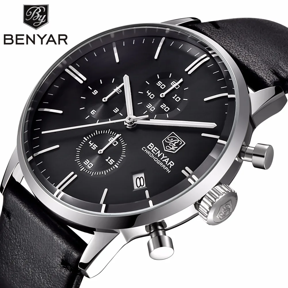 

BENYAR 2720K in Stock Item Strap Wrist Watches Luxury Business Brand Date 3 Eyes Chronograph Leather 2019 Men's Alloy Analog, 4 colors for choice