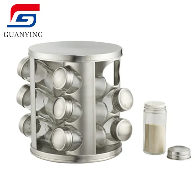 

12 Jar Dried Seasoning Storage Spice Containers Stainless Steel Round Revolving Spice Rack, Silver