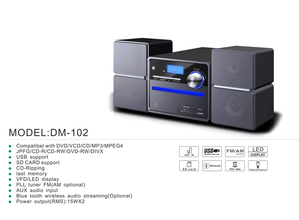 Unique design DM-102 2.0 Home Theatre mini HiFi Micro System With Bluetooth/FM/USB/MP3/SD/remote control/EQ Function - ANKUX.COM
