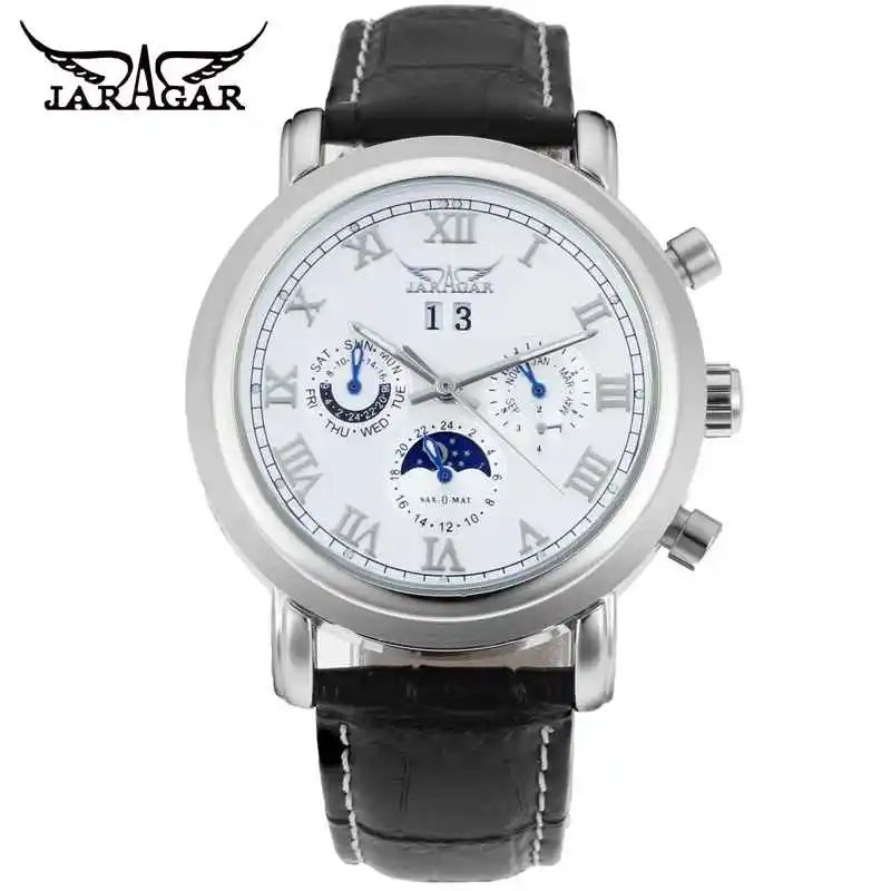 Men mechanical watches Jaragar brand casual men's automatic Moonphase genuine leather strap watches black auto date wristwatches, N/a 
Men mechanical watches Jaragar brand casual men's automatic Moonphase genuine leather strap watches black auto date wristwatches, N/a