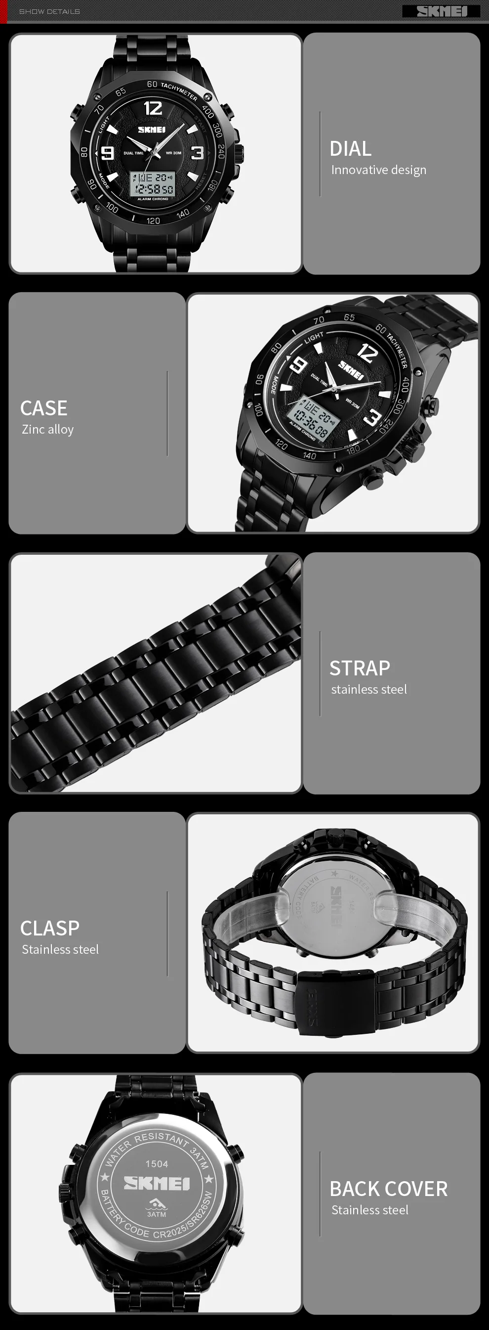 SKMEI 1504  Luxury Full Steel Analog Digital Watches for Men
