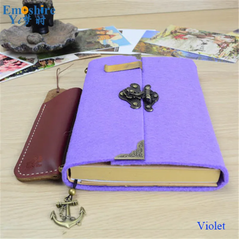 Emoshire Vintage felt creative handbook booklet password notebook notepad with lock diary kraft paper sketching book (10)