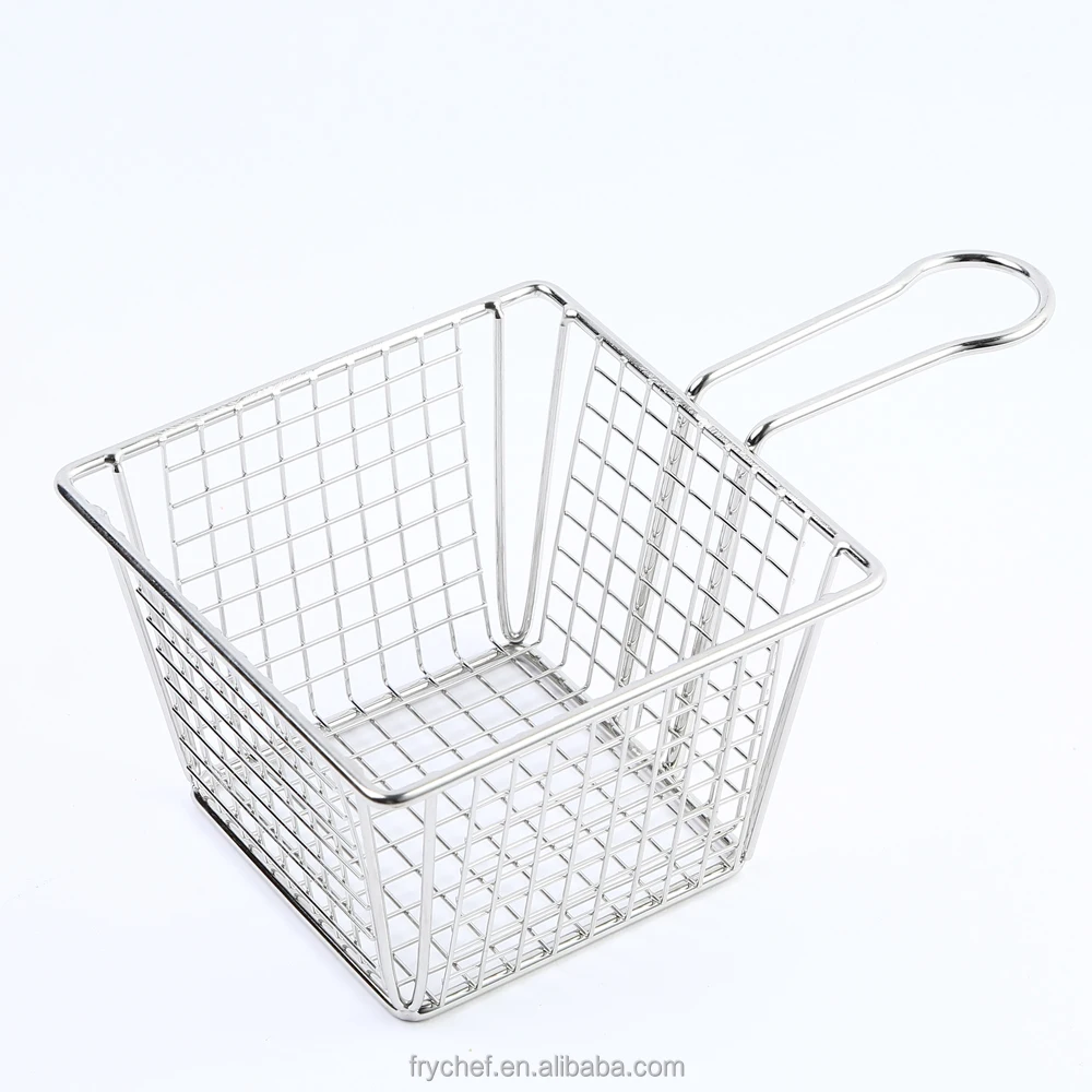 Wire Fries Basket, Square French Stainless Steel Rectangular Deep Fry Serving Basket, Metal Fast Food Presentation Tray F0055