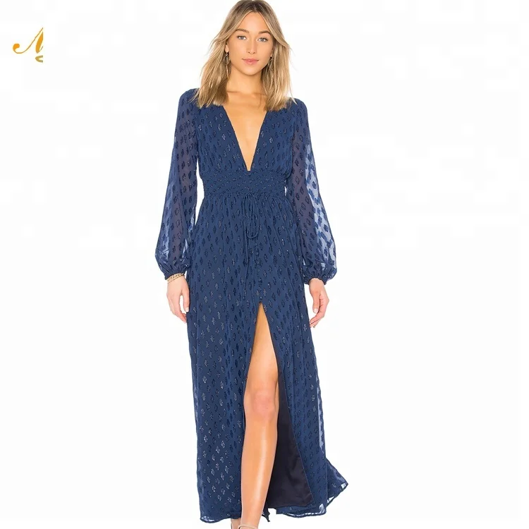 Guangzhou bulk wholesale blue plain deep V neck long sleeve maxi dress for women, Customerized color
Guangzhou bulk wholesale blue plain deep V neck long sleeve maxi dress for women, Customerized color