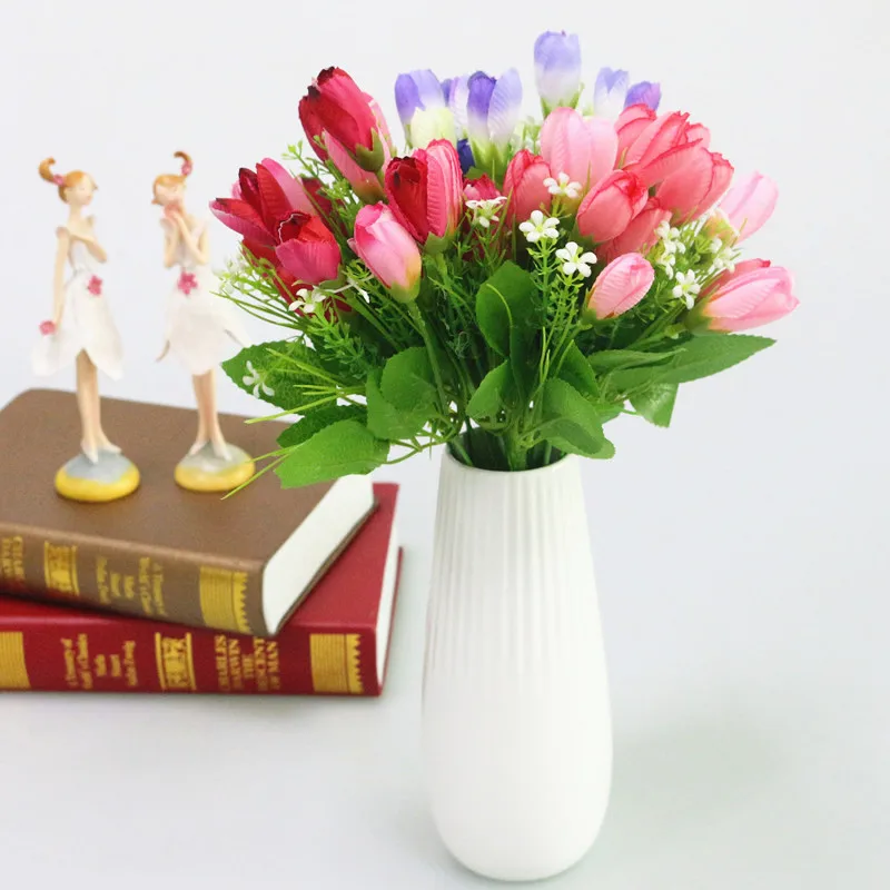 Flone 15 Heads Mini Artificial Tulips Bouquet Silk flower DIY Wedding Home Decorative Wreath Fake Decorative Florals (4)