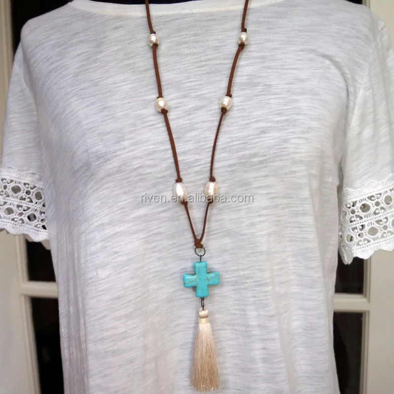 Brown Suede Knotted Fresh Water Potato Pearl Necklace with Blue Stone CrossCream TasselGift for HerChristian JewelryTassel Necklace.jpg