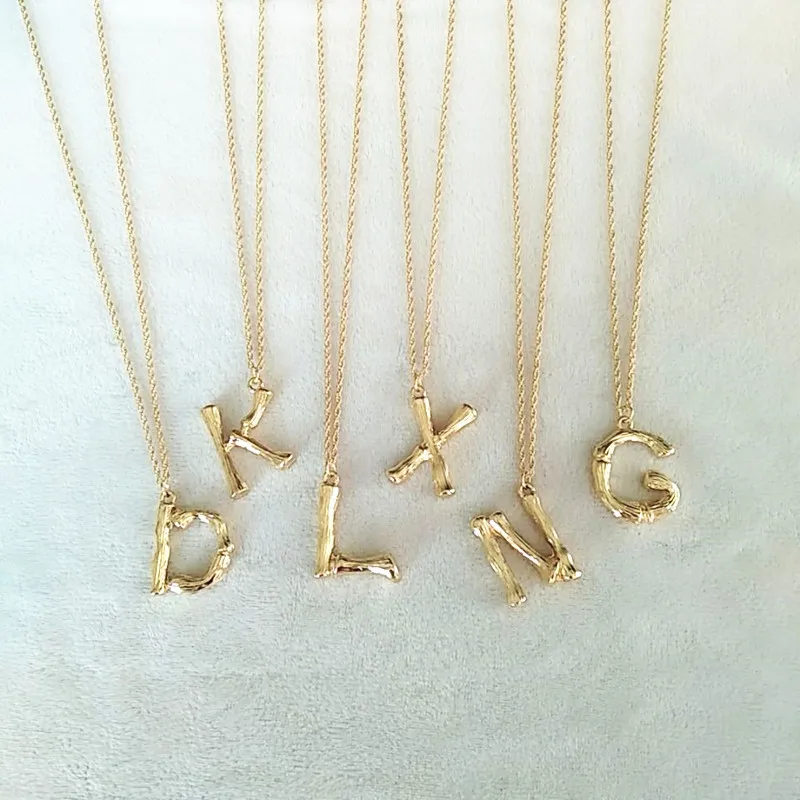 

Small Gold Hammered Metal Bamboo 26 Letters Alphabet A-Z Minimalist Initial Pendant Necklace Fashion Twist Chain Neck Jewelry, Picture