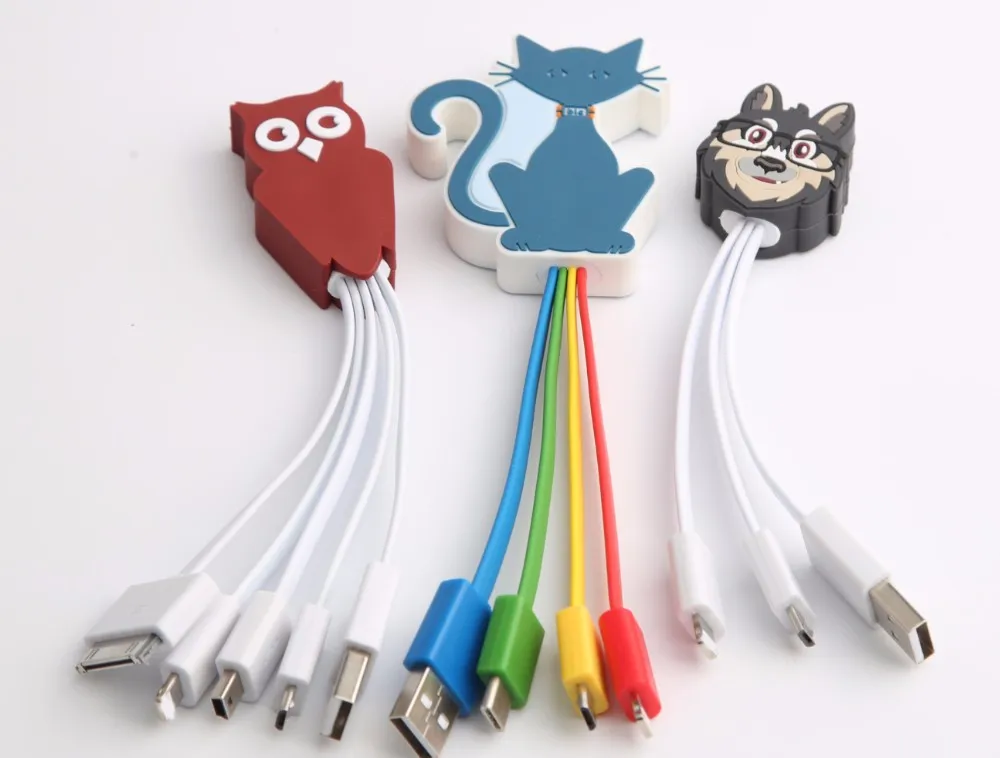 Cheap PVC cartoon 3 in 1 usb cable micro usb cable packaging owl wolves cat - ANKUX.COM