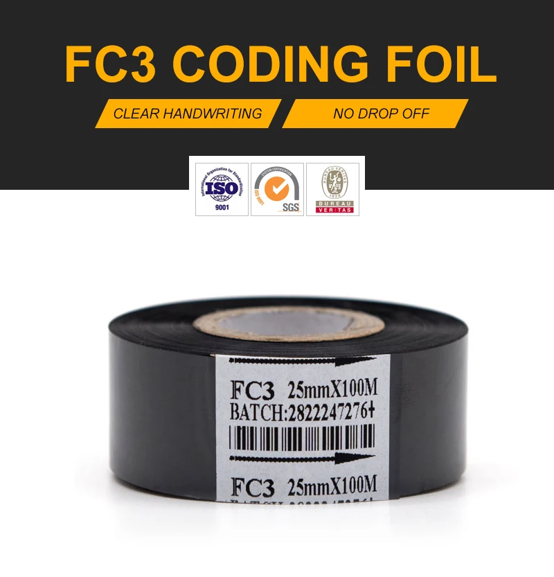 Expiration date stamp for plastic ribbon tape/hot thermal transfer foil for expiry date printing FC3 type 30mm*100m OEM size