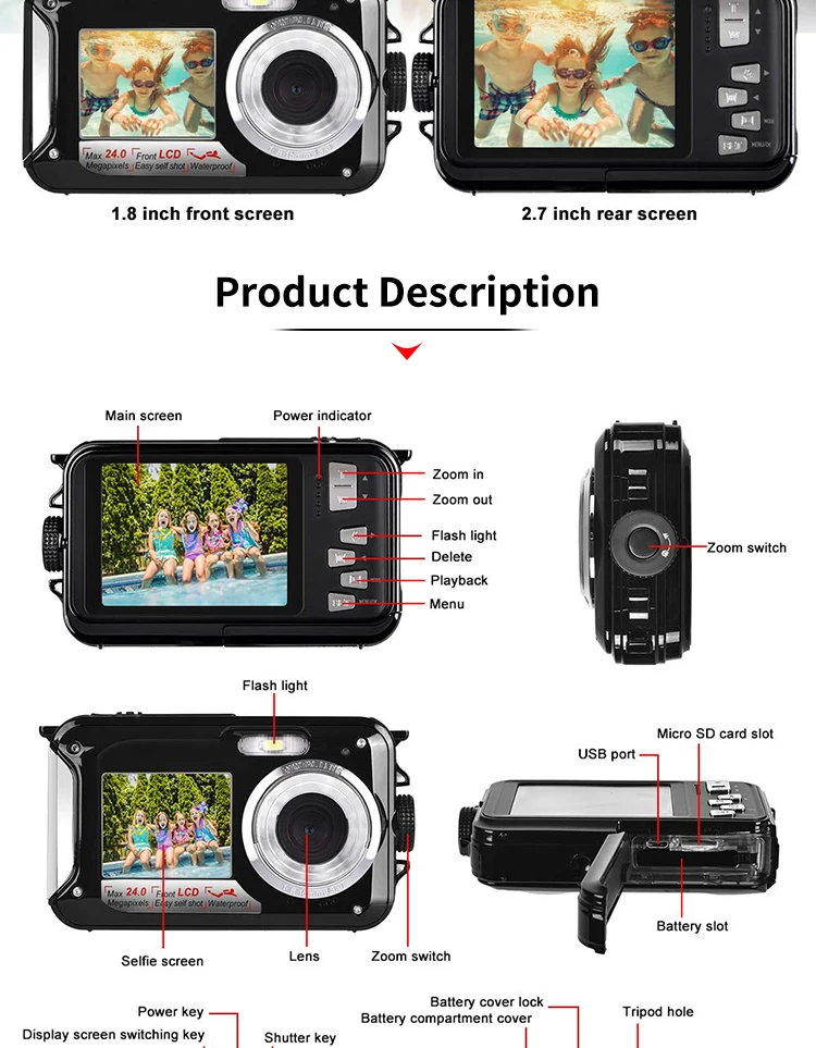 Underwater Digital Camera Full HD Dual Screen Action Camera Video Recorder Selfie Camera