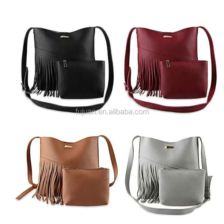 Fashion colors pu leather 2 pieces long straps messenger tassel bucket bag