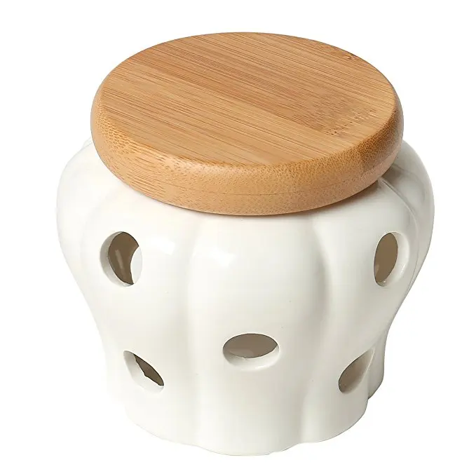 Weiß Keramik Knoblauch Keeper, küche Vorratsbehälter mit Bambus Holz Deckel