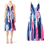 New Arrival Women Fashion Clothes Blue Abstract Striped 100% Silk Dress