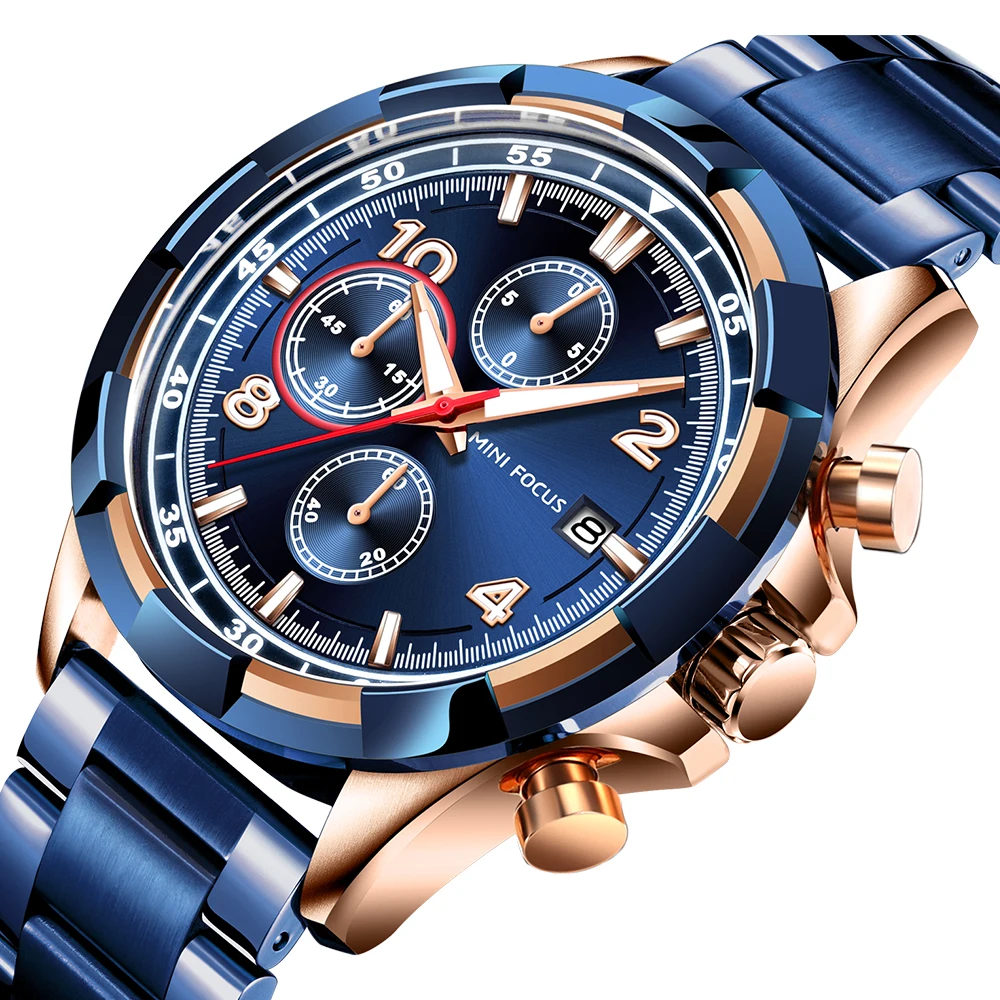 

MINI FOCUS Fashion Watches Men Wrist 2019 Sports Blue Rose Gold Chrono 3 Dials Top Brand Luxury Stainless Steel Luminous Watch, 4-color