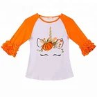 Wholesale Monogram Personalized Girls Ruffle Sleeve Unicorn Pumpkin Halloween Raglan Top