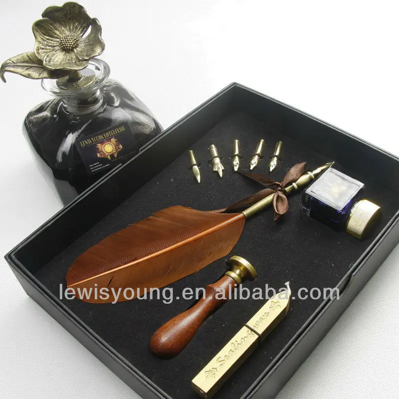 natural owl/turkey feather quill pen & ink set wax seal stamp
