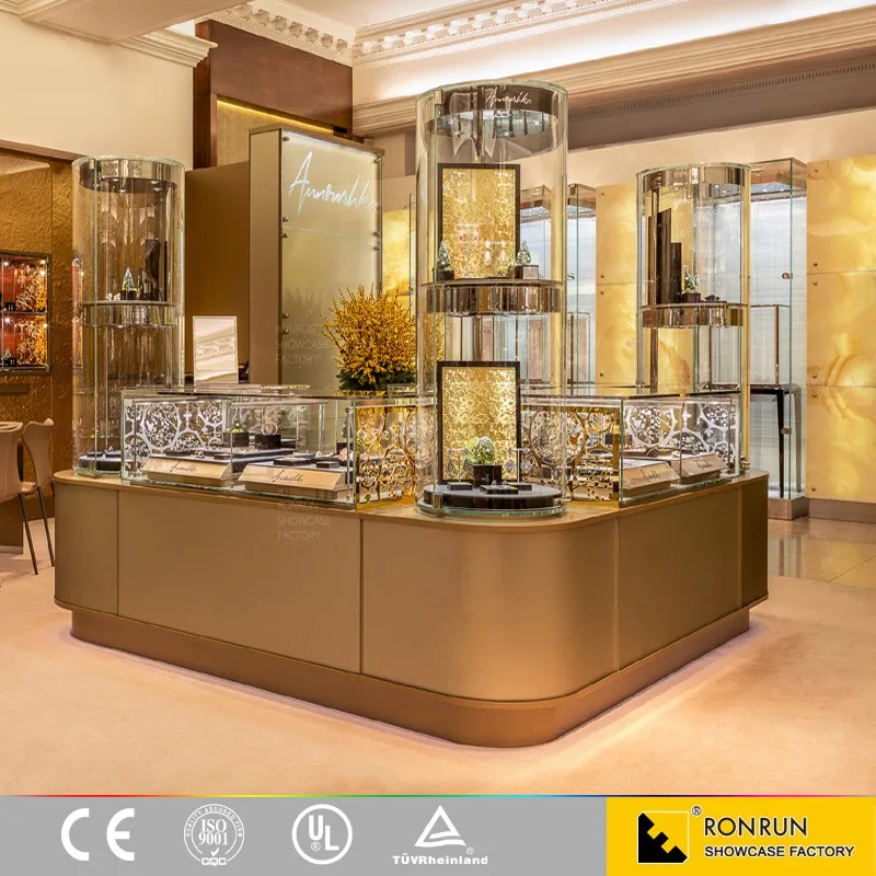 Golden Jewellery Showroom Furniture Design With Glass Display