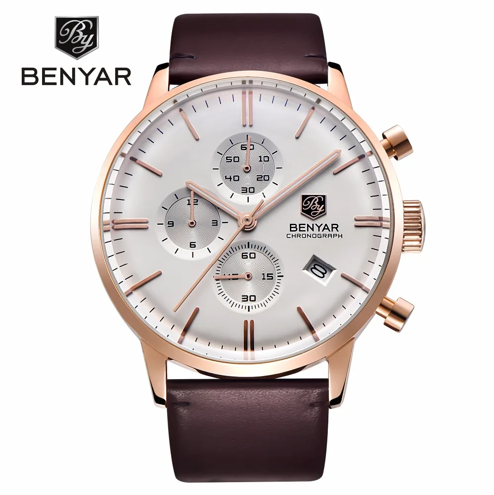 

BENYAR 2720K Men Quartz Wristwatch Business Luxury Brand Date 3 Eyes Chronograph Leather Strap Wrist Watches Men, 4 colors