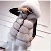Fashion Design Women Warm Fur Sleeveless Jacket Winter Grey White Hooded Fox Fur Vest