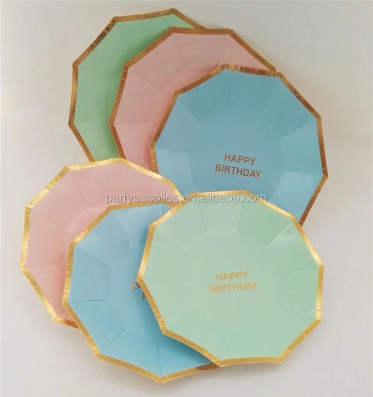 Happy Birthday Party Paper Plates Cups Mint Pink Blue And Gold