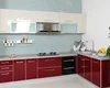 kitchen cabinet with quartz stone table top red and black base cabinet white wall cabinet of glass door