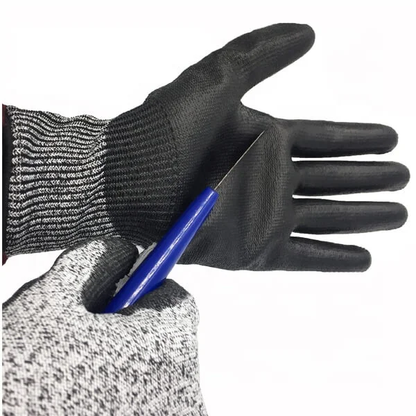 Factory Direct Anti Cut Level 5 HPPE+Fiberglass PU Cut Resistant Gloves with EN388 4543