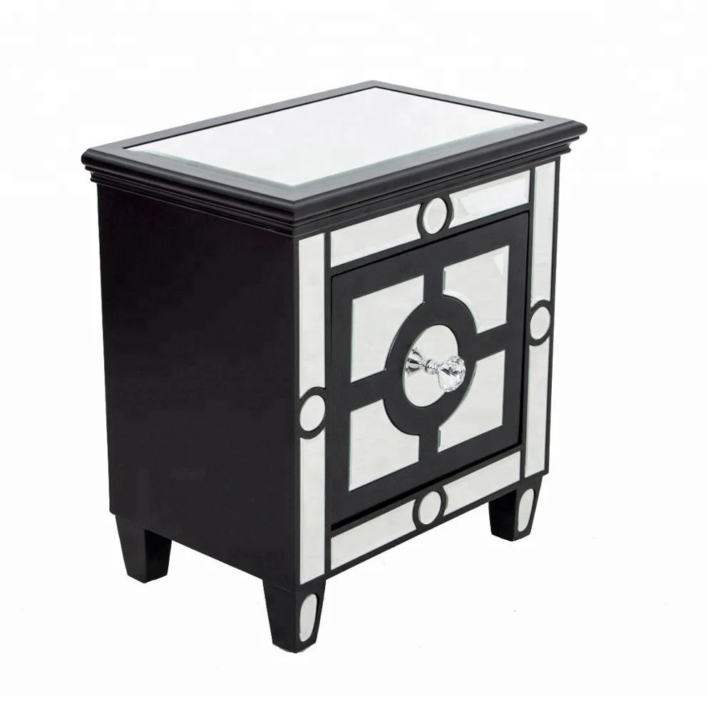 Fancy Black Line Mirrored Side Table Night Stand With Drawers