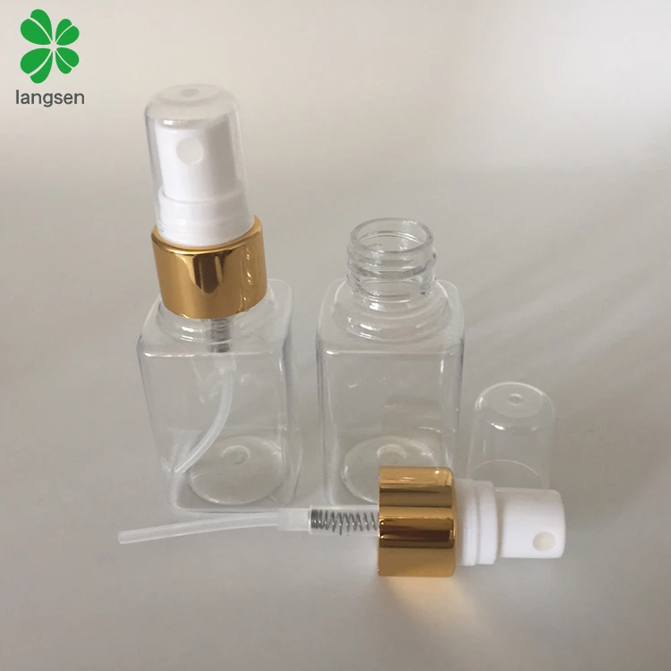Hot selling PET 40ml square spray bottle with gold mist sprayer cap, perfume bottle
